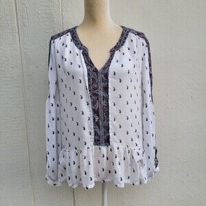 Lucky Brand White Navy Blue Red Paisley Printed Long Sleeve  Blouse Wmns L